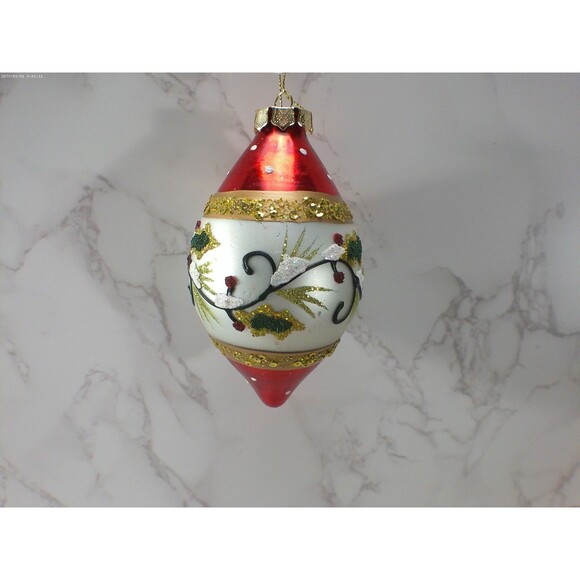 Glass Christmas Tree Ornament Hanging Oblong Red White Green Gold Glitter Decor - Picture 1 of 5